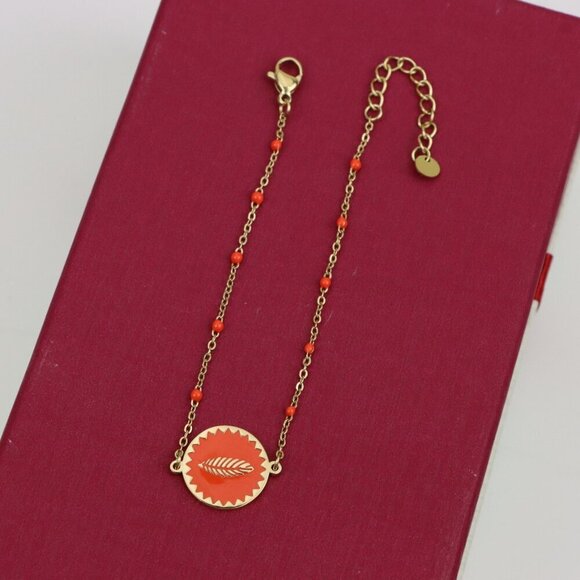 Gold Plated Yellow Bracelet with Orange Leaf Charm, Adjustable Size, XPBL0629 - Picture 10 of 12